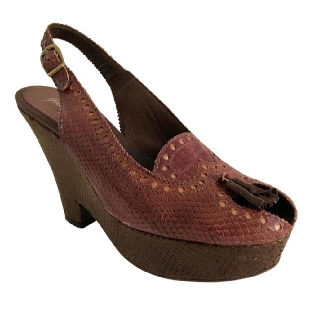 Henry Beguelin Rosa mauve and brown real snakeskin peep toe platform wedges